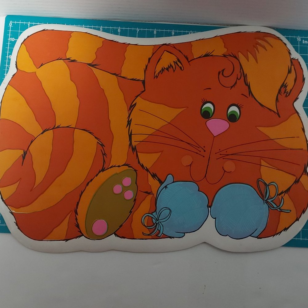 Vintage Coronet Kids Vinyl Placemat Orange Cat 70s Children Baby 17 Inch